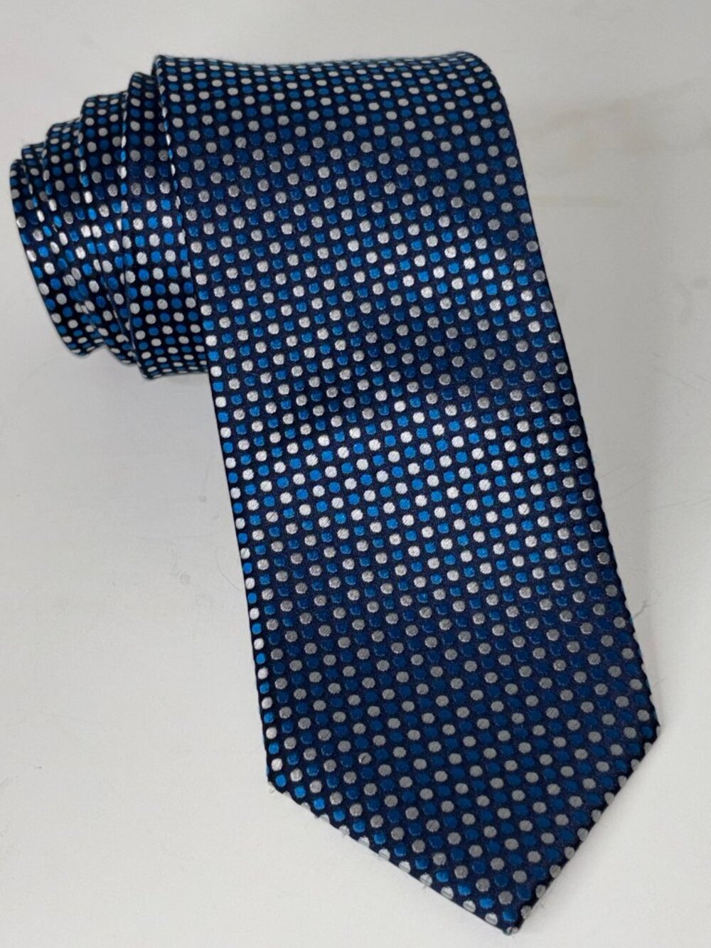 BRESCIANI Men's 100% Silk Necktie ITALY Designer Polka Dots Blue / Silver